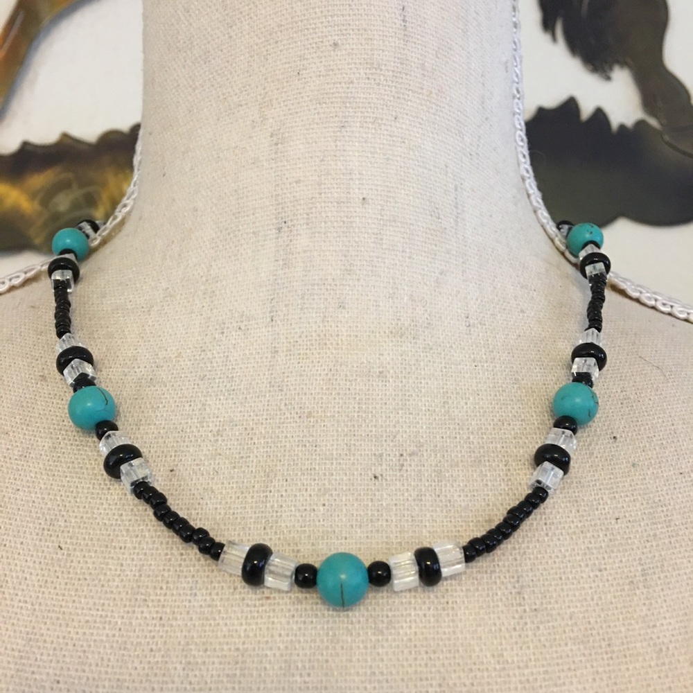 Faux turquoise pearl glass beaded necklace